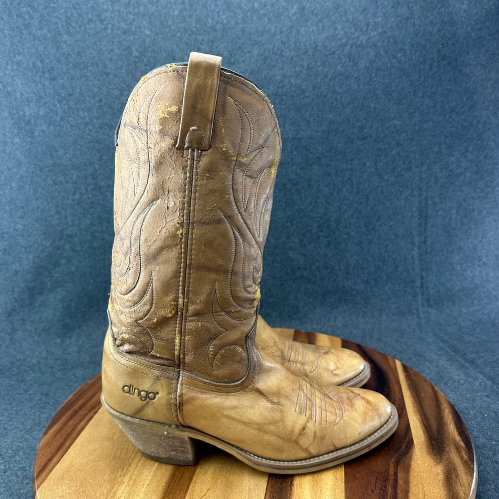 Dingo Acme Vintage Tan Leather Western Cowboy Boots 5969 Made in USA Womens 9.5D
